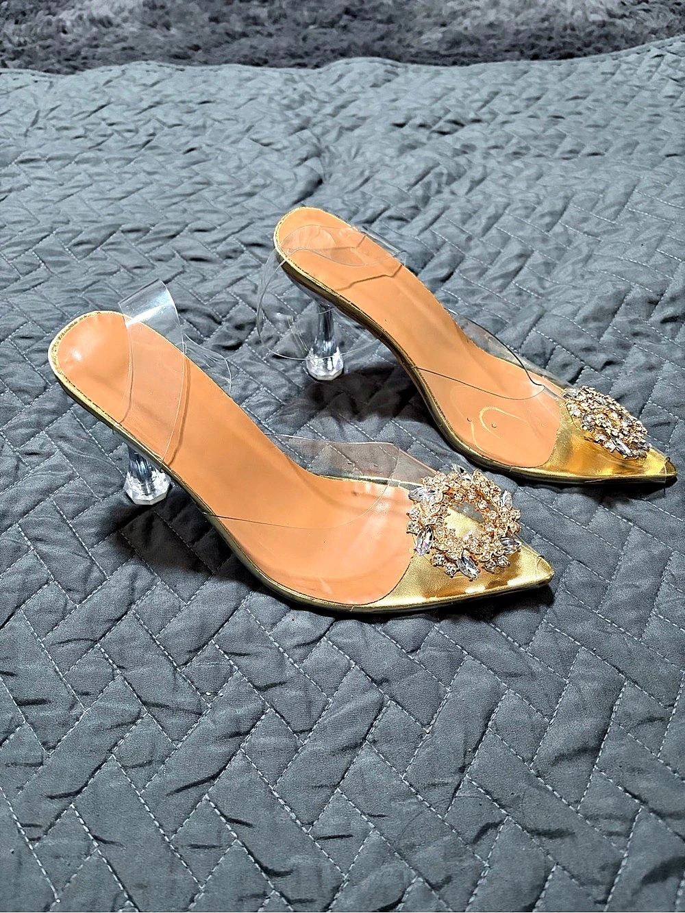 Gold Embellished Pointed-Toe Heels Like New